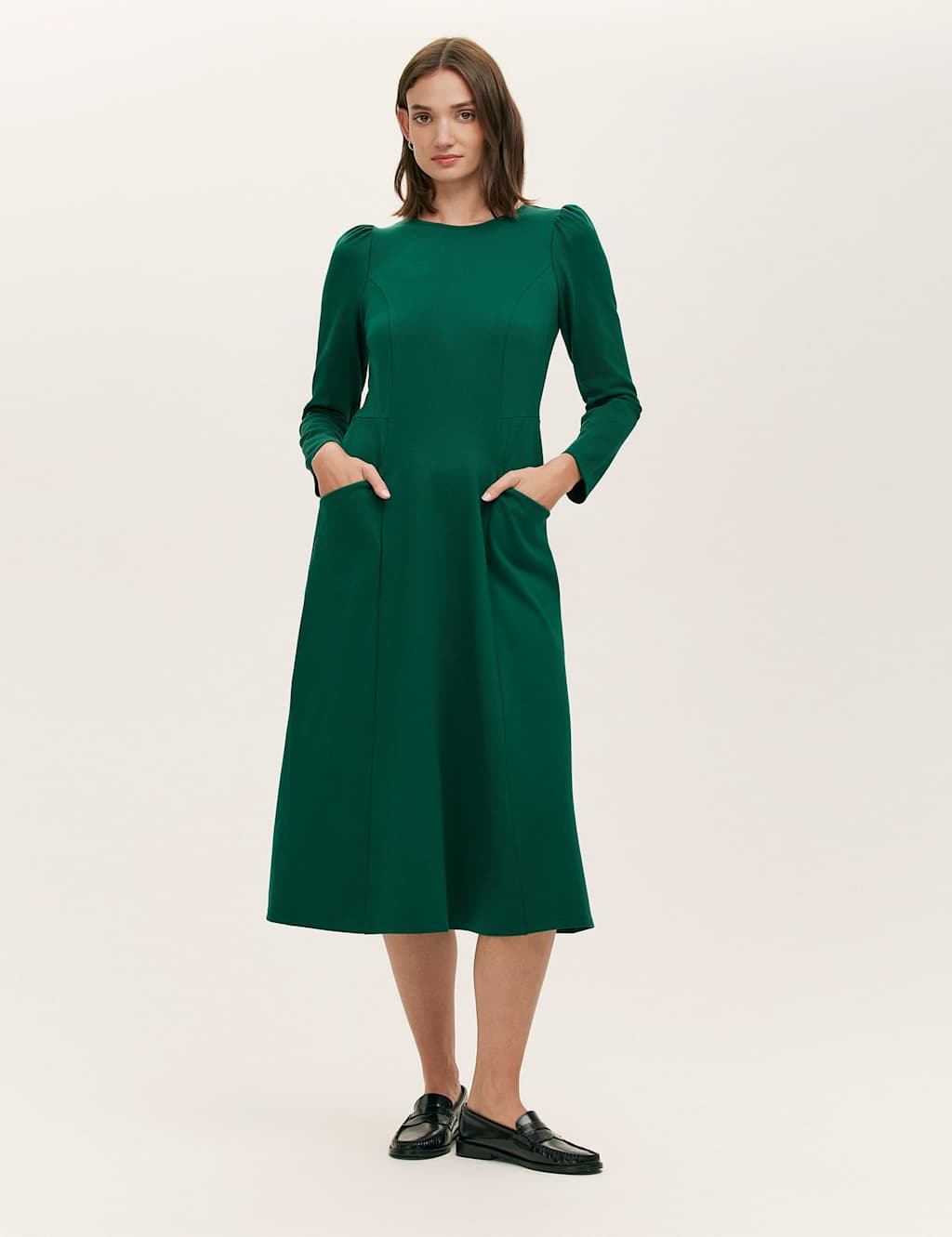Finery London Ponte Jersey Puff Sleeve Midi Skater Dress Green