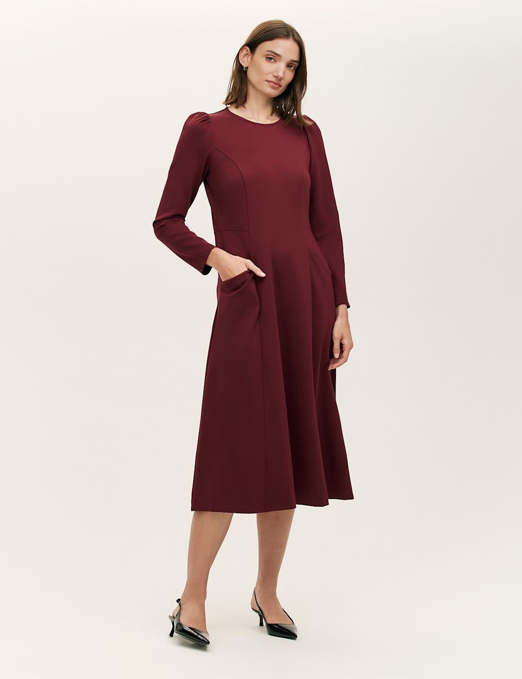 Finery London Ponte Jersey Puff Sleeve Midi Skater Dress Burgundy