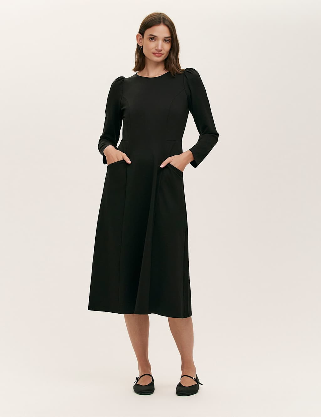 Finery London Ponte Jersey Puff Sleeve Midi Skater Dress Black