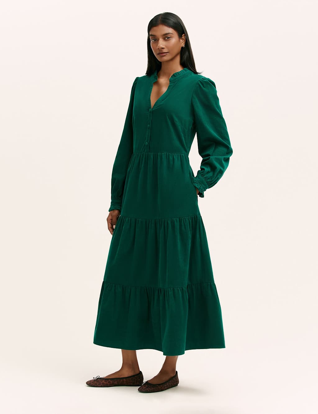 Finery London Cord V-Neck Midi Tiered Dress Green