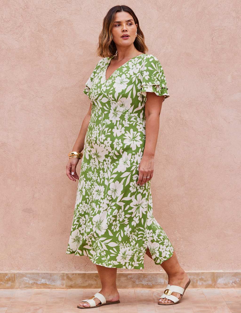 Floral V-Neck Angel Sleeve Midaxi Tea Dress