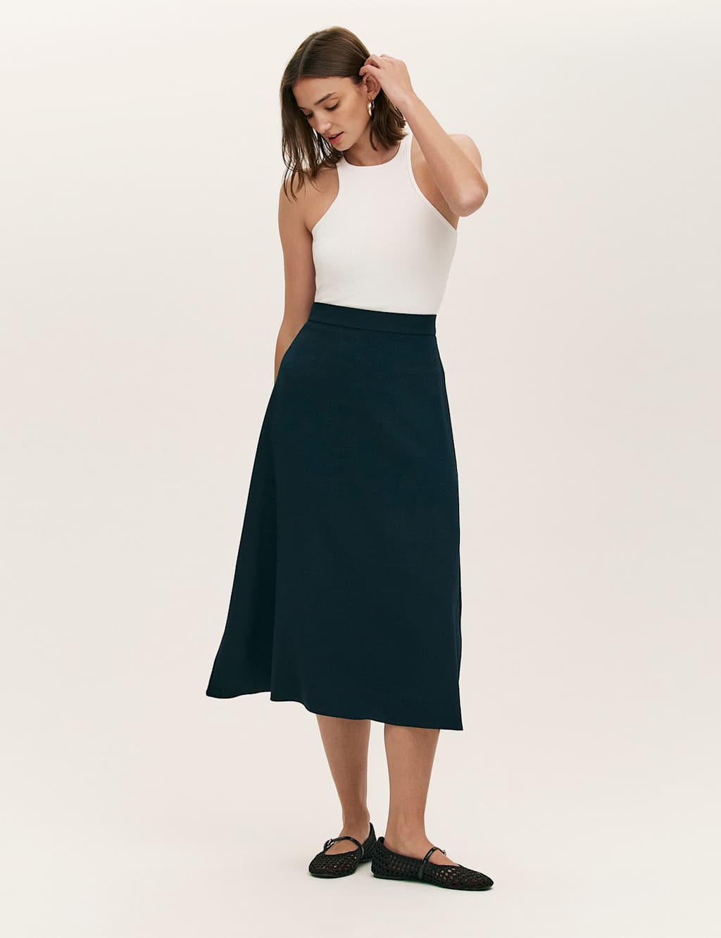 Finery London Crepe Midi A-Line Skirt Navy