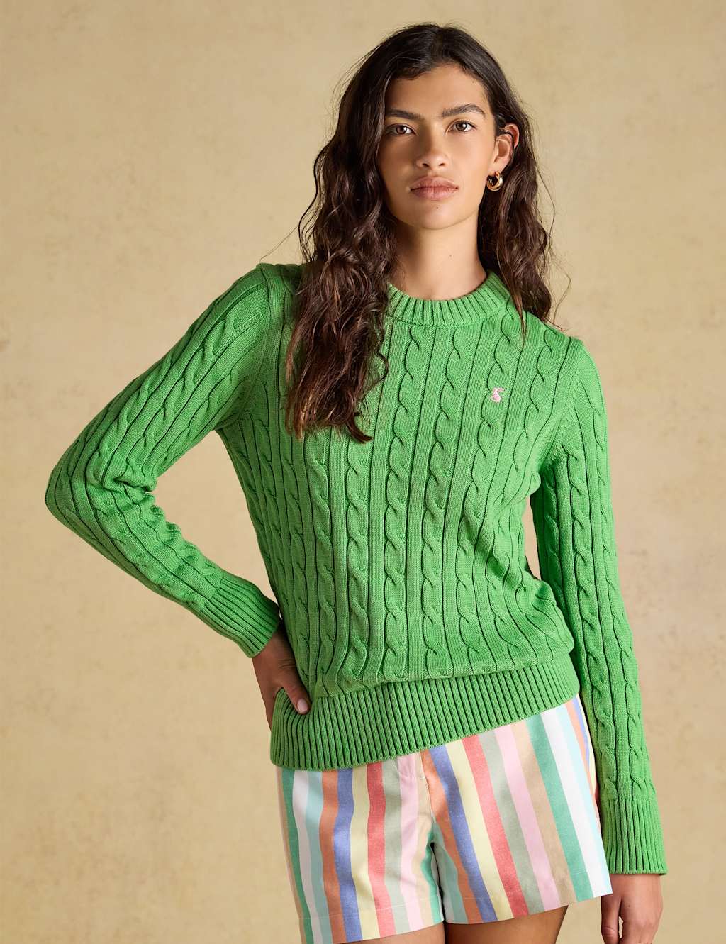 Joules Women's Pure Cotton Cable Knit Crew Neck Jumper - 16 - Green - Available at M&S
