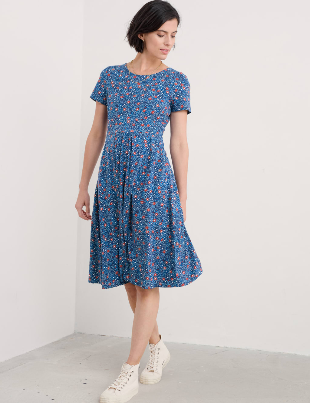 Cotton Rich Floral Midi Waisted Dress