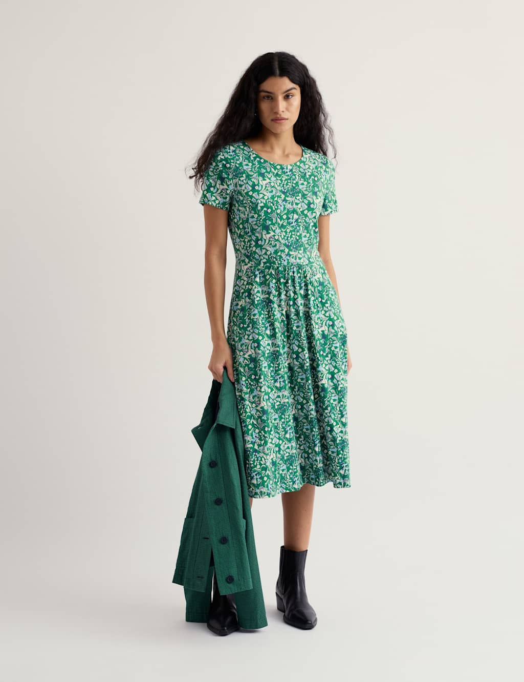 Seasalt Cornwall Women's Cotton Rich Floral Midi Waisted Dress - 10 - Green Mix - Available at M&S