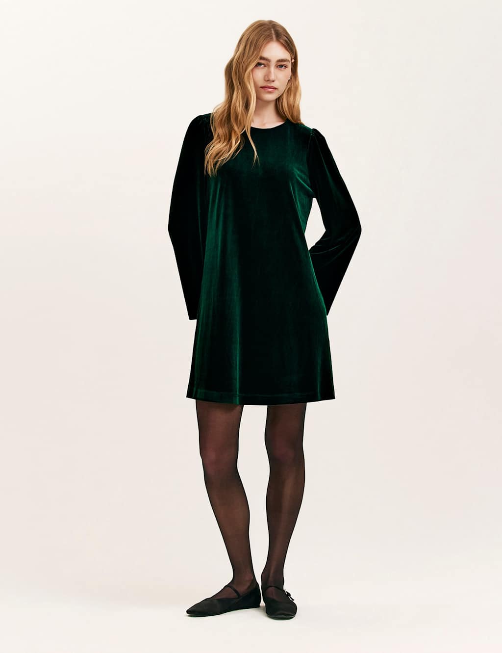 Finery London Velvet Round Neck Knee Length Skater Dress Green