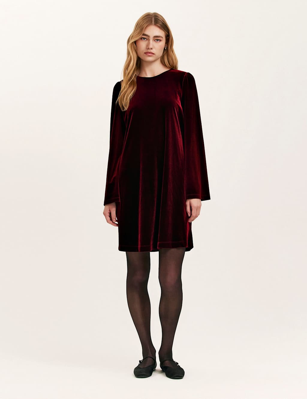 Finery London Velvet Round Neck Knee Length Skater Dress Burgundy
