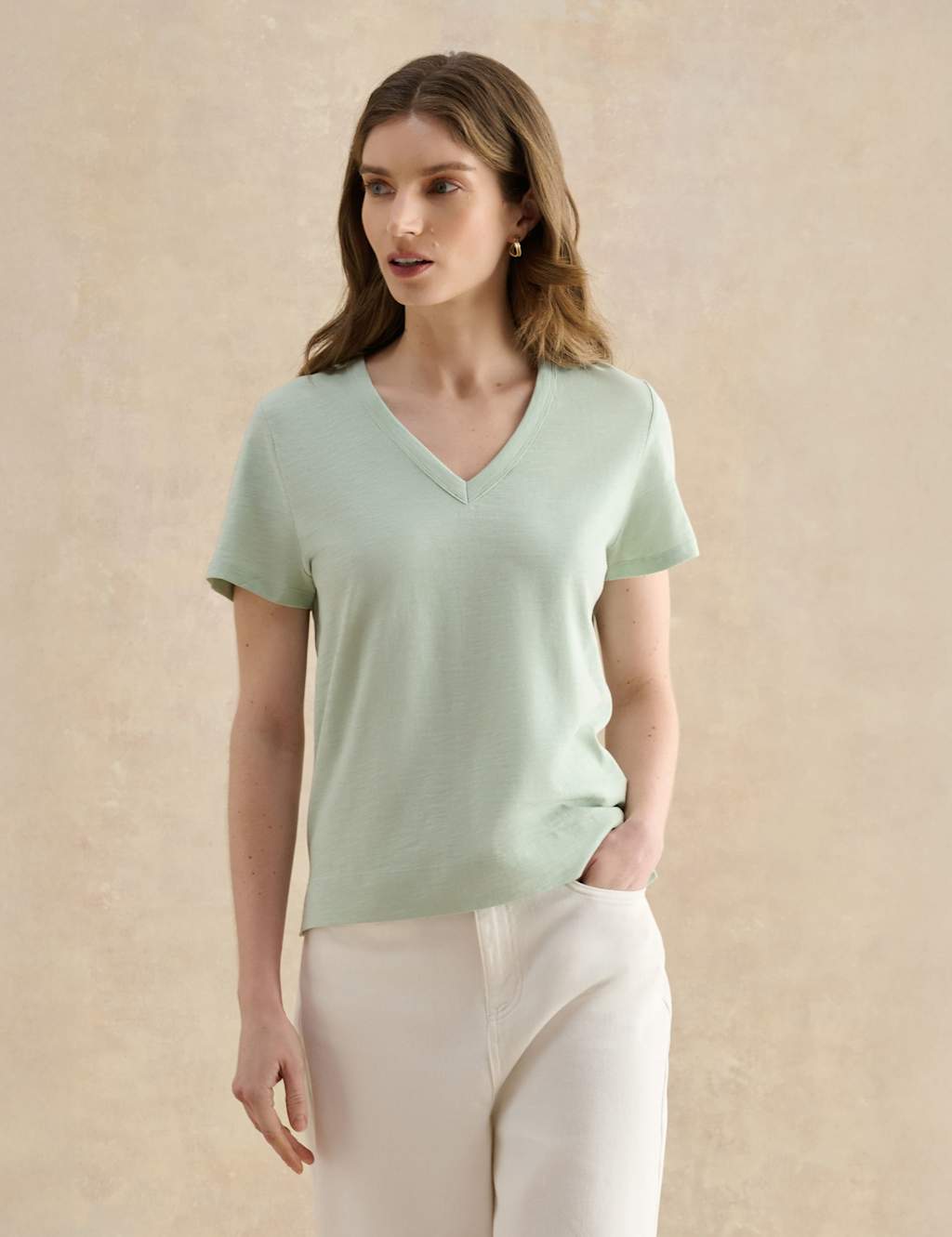 Hobbs Women's Pure Cotton Slub V-Neck T-Shirt - Medium - Green - Available at M&S