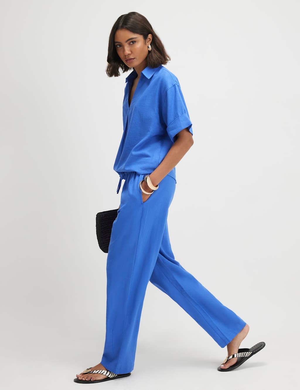 River Island Women's Linen Rich Drawstring Tapered Trousers - Medium - Blue - Available at M&S