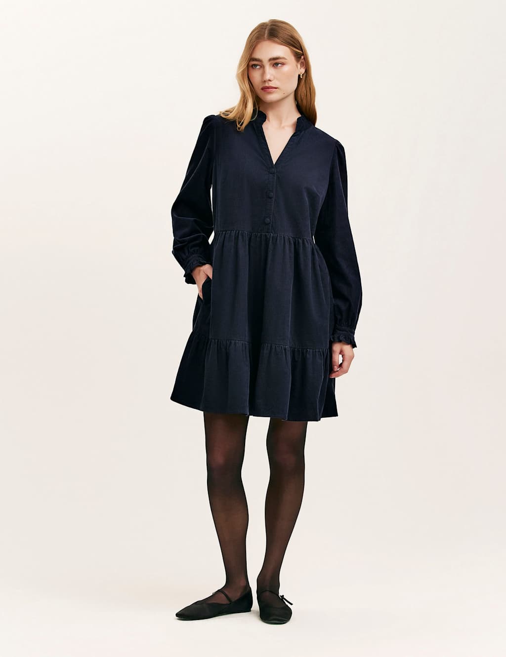 Finery London Cord V-Neck Knee Length Tiered Dress Navy