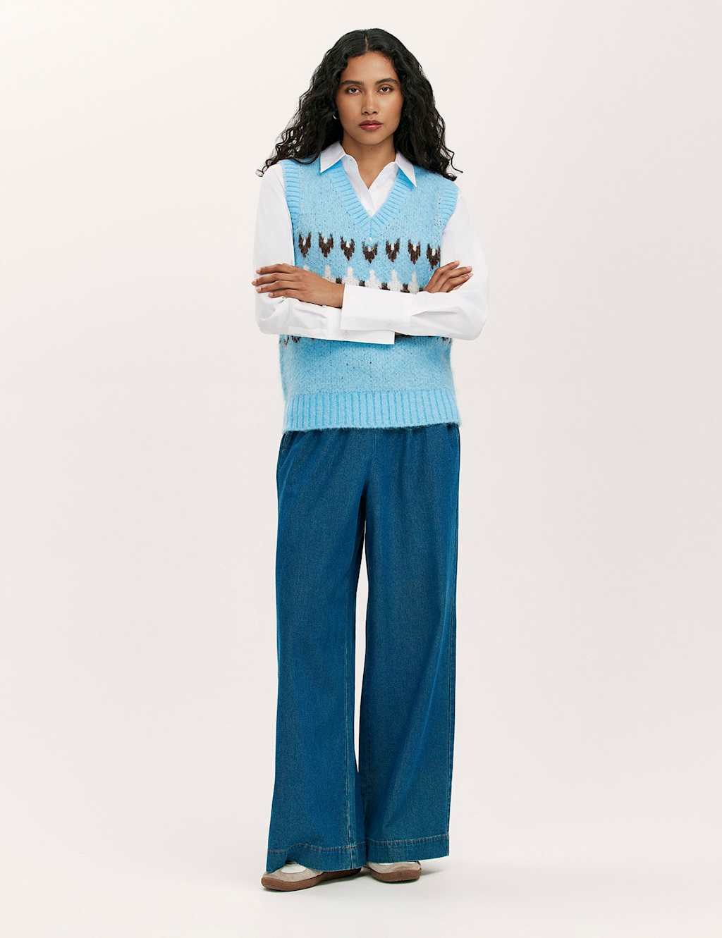 Finery London Fair Isle V-Neck Knitted Vest with Wool Blue Mix