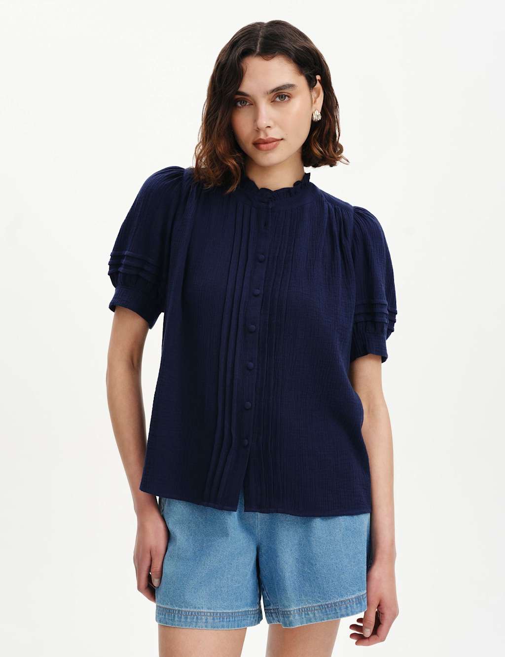 Finery London Women's Pure Cotton High Neck Pintuck Blouse - 16 - Navy - Available at M&S