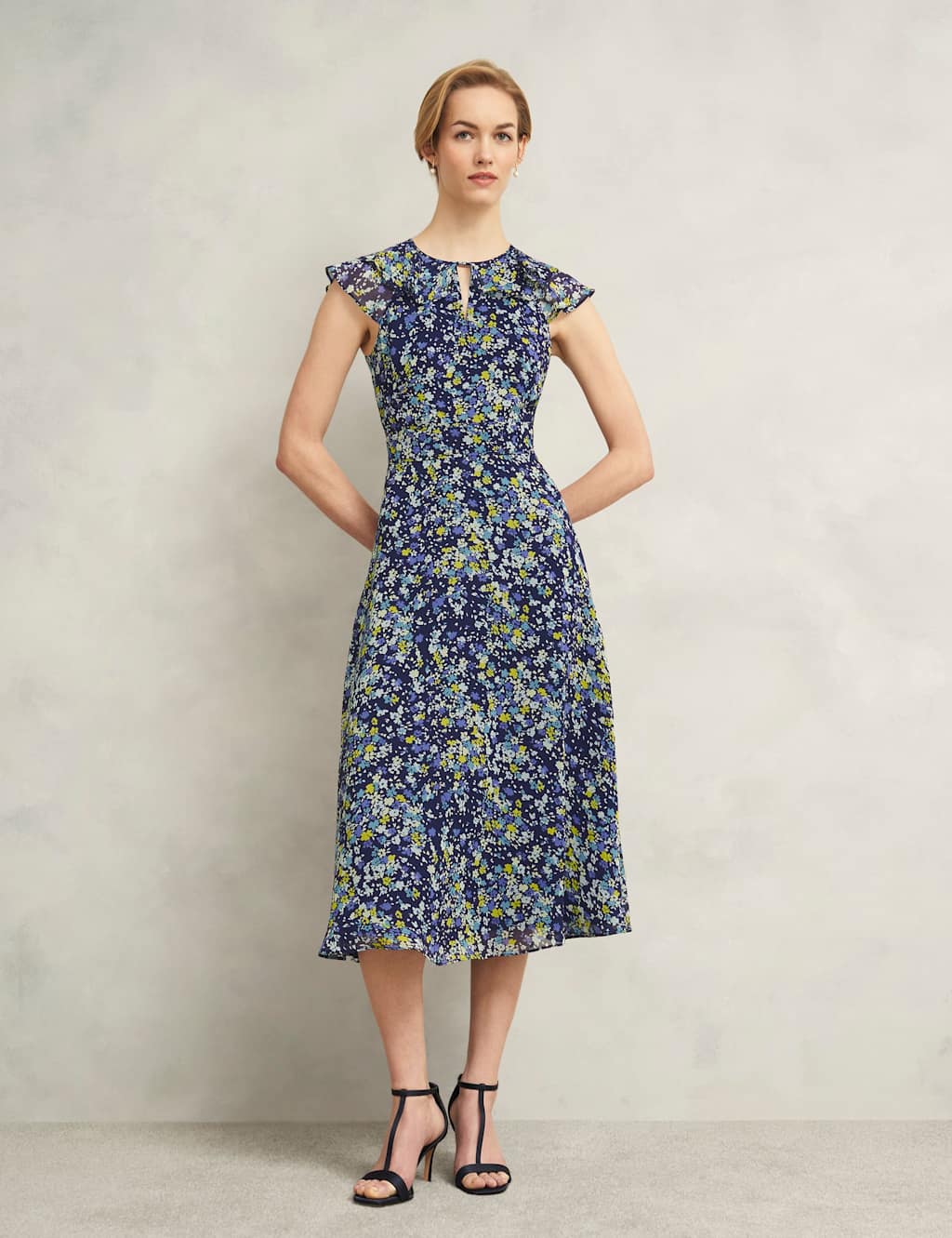 HOBBS Floral Cut Out Detail Midi Skater Dress Blue Mix