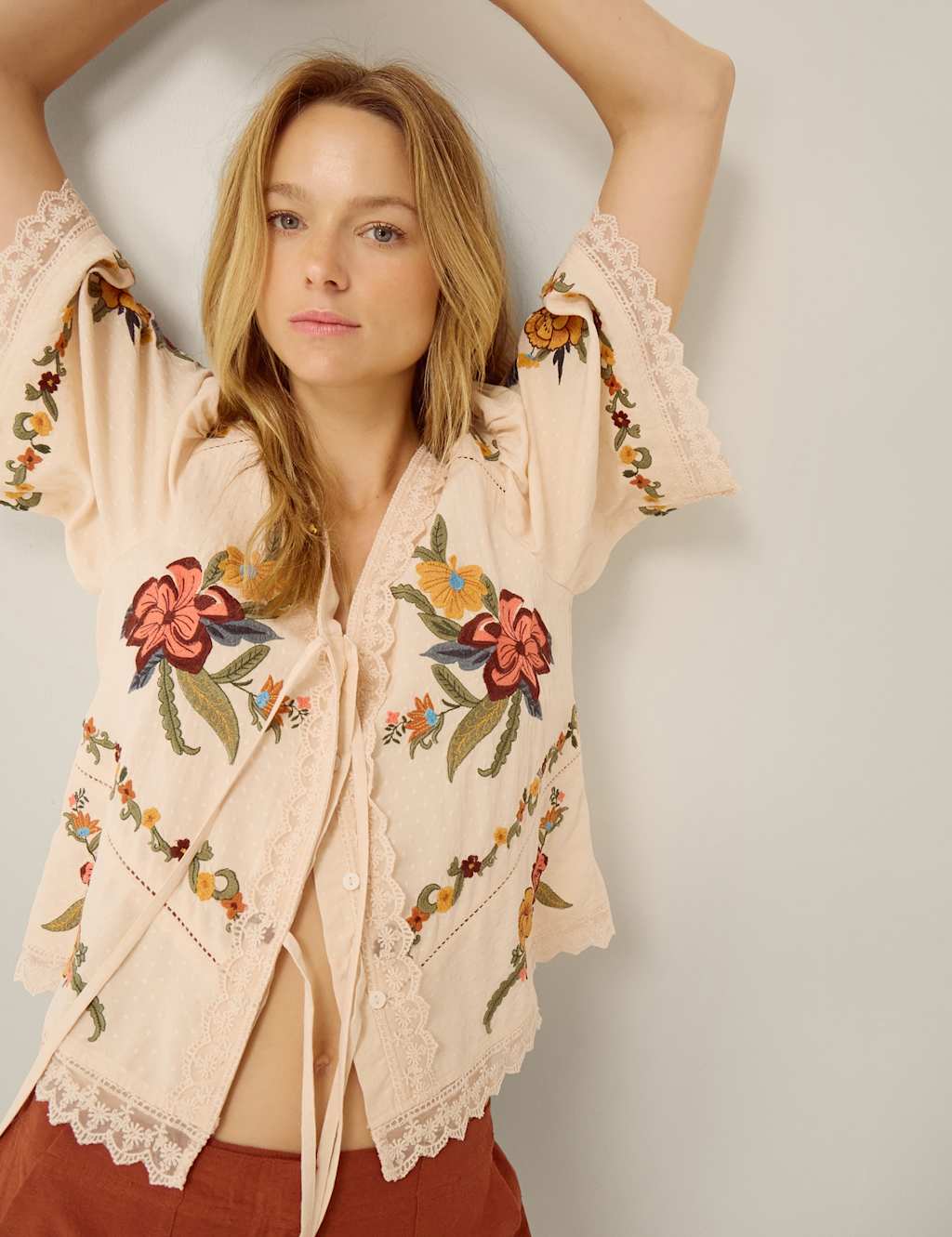 Monsoon Women's Floral Embroidered Tie Front V-Neck Blouse - Large - Cream Mix - Available at M&S