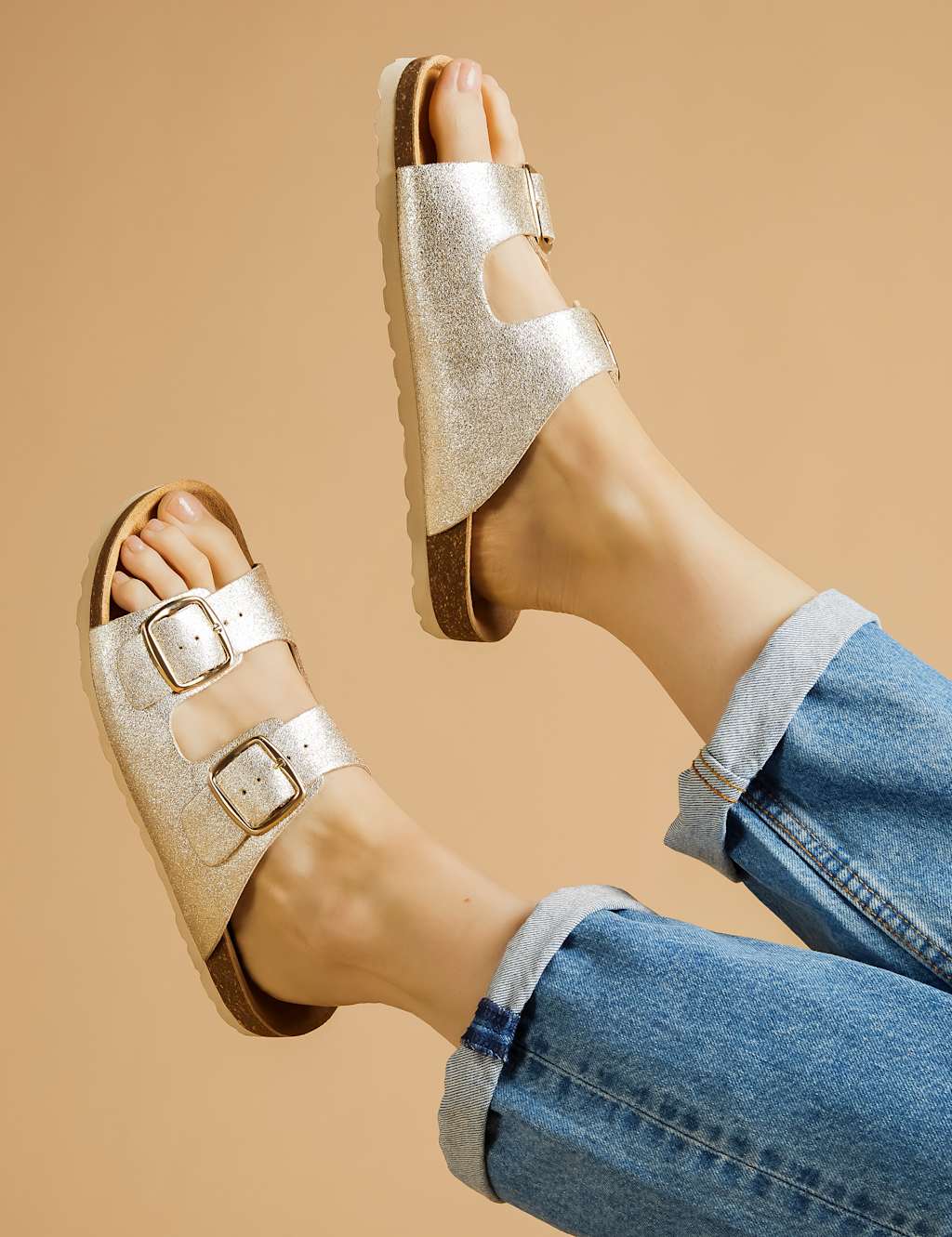 Leather Metallic Buckle Flat Sandals
