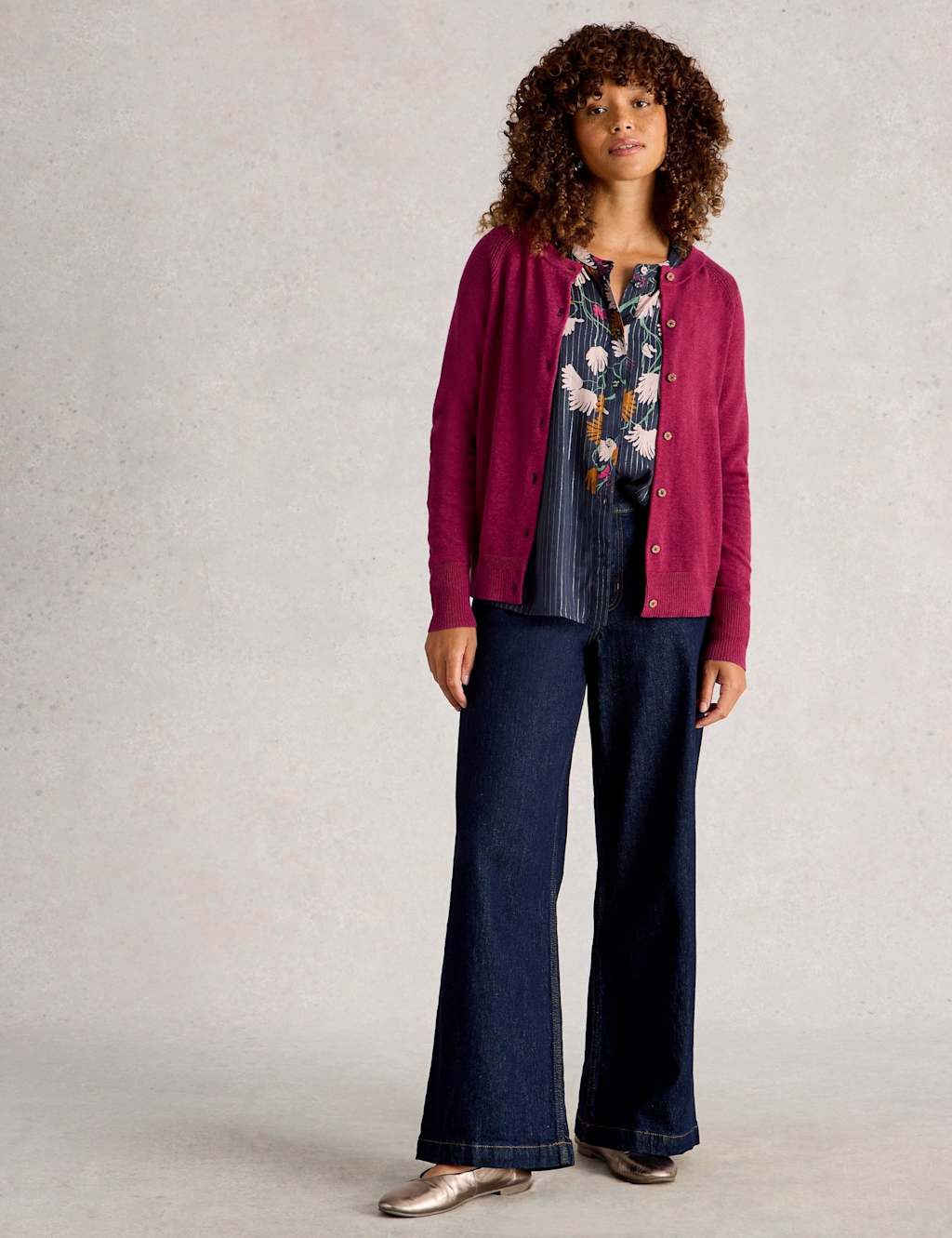 White Stuff Pure Cotton Crew Neck Cardigan Purple