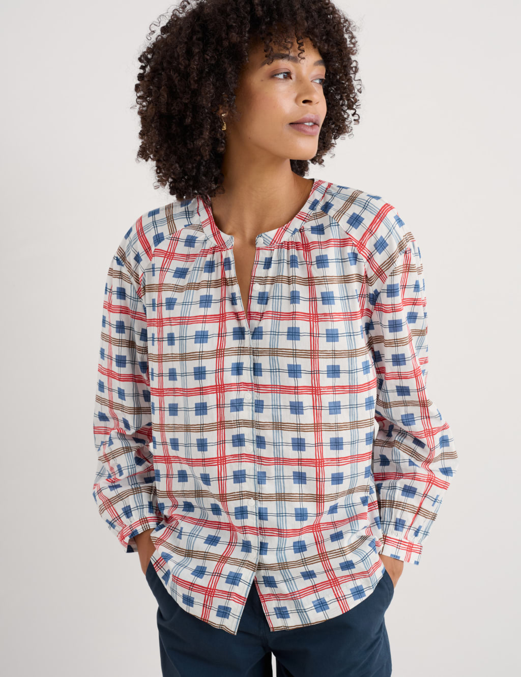 Pure Cotton Checked Round Neck Button Through Shirt