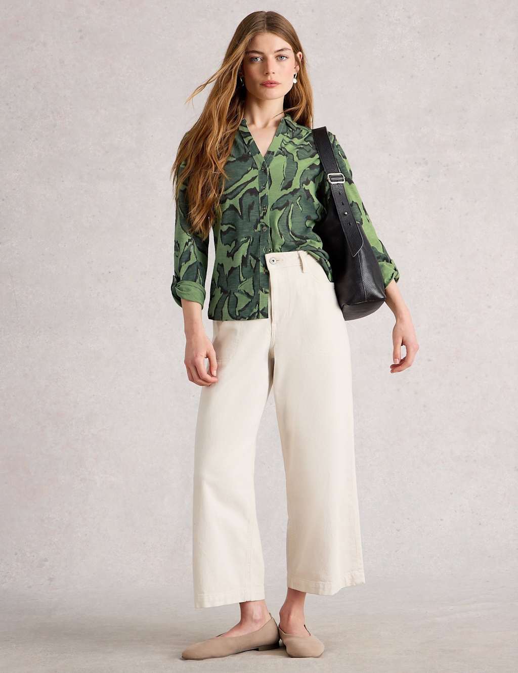 White Stuff Pure Cotton Jersey Leaf Print Collared Shirt Green Mix