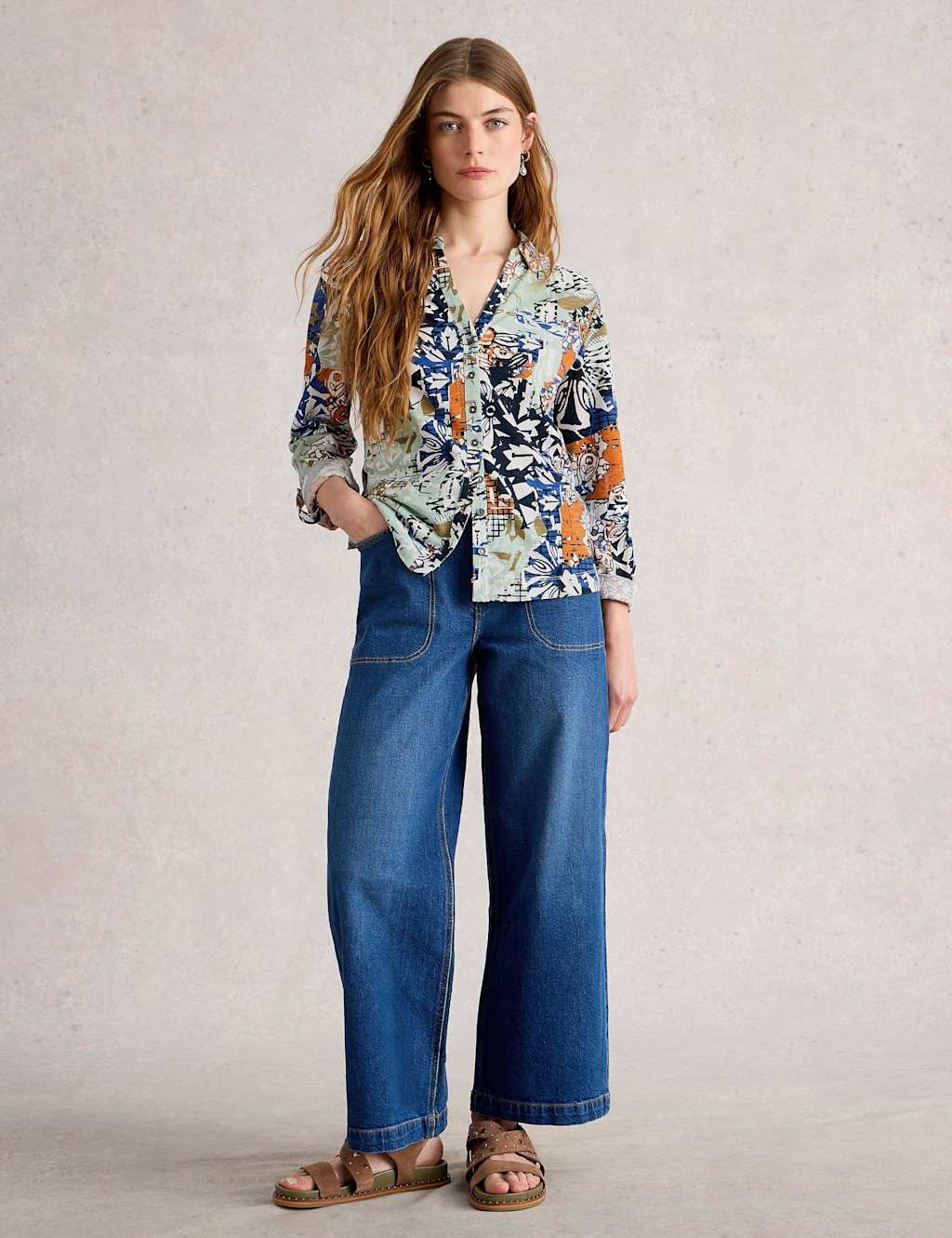 White Stuff Pure Cotton Jersey Leaf Print Collared Shirt Orange Mix