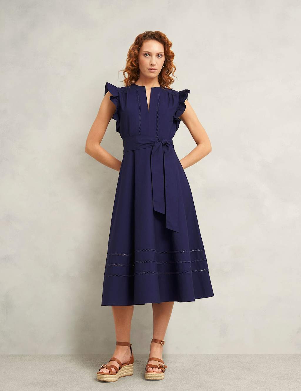 HOBBS Pure Cotton Notch Neck Midi Skater Dress Blue