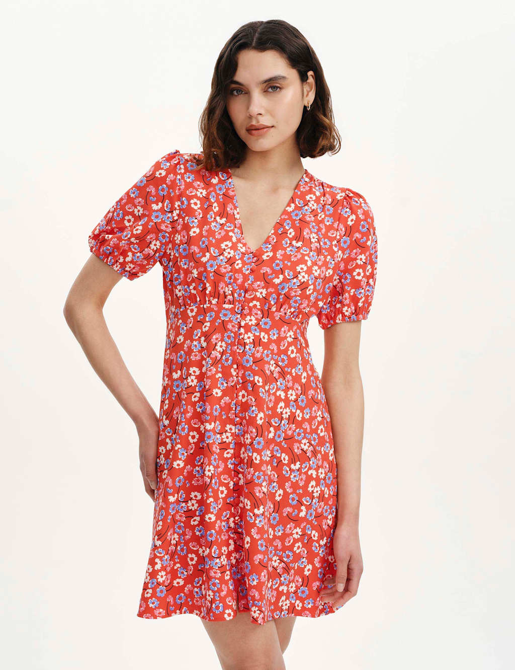 Finery London Women's Floral V-Neck Mini Tea Dress - 10 - Red Mix - Available at M&S