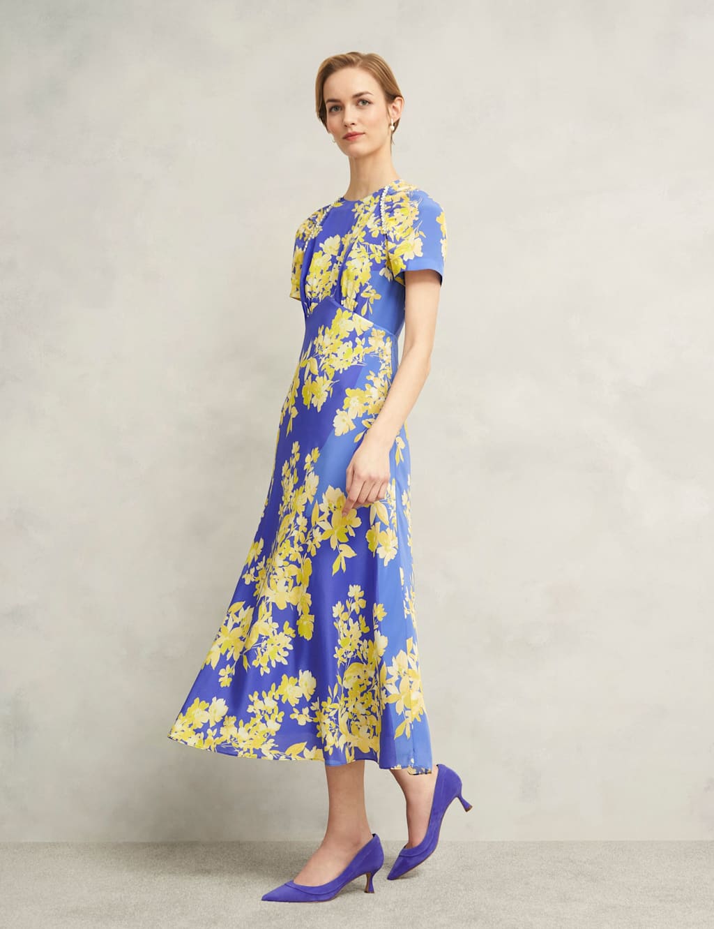 HOBBS Pure Silk Floral Midi Waisted Dress Blue Mix