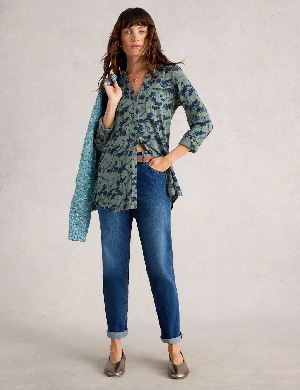 White Stuff Pure Cotton Printed Longline Shirt Green Mix