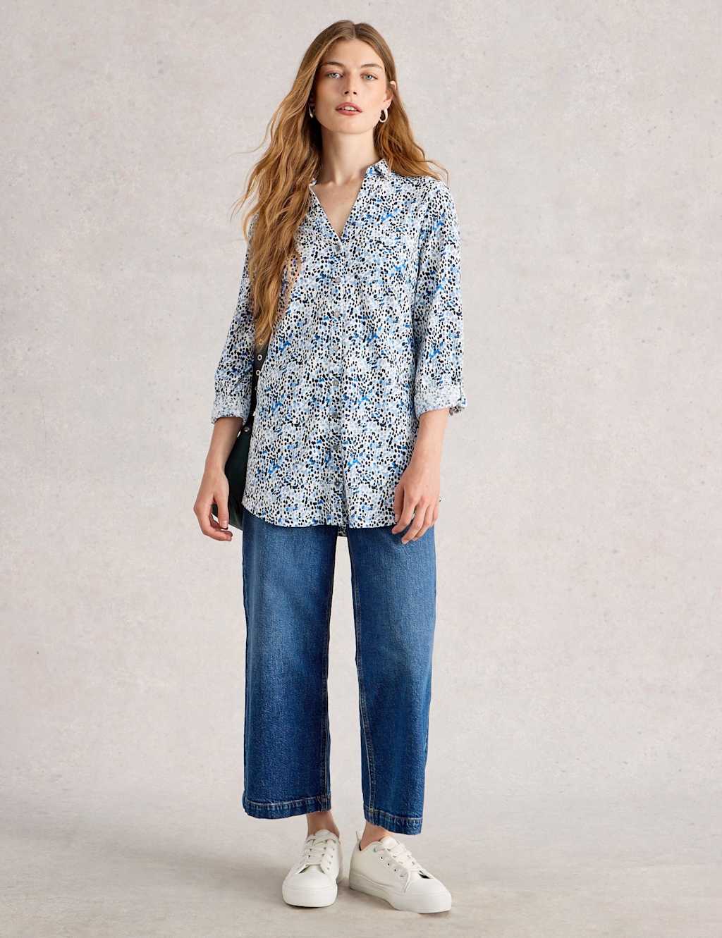 White Stuff Women's Pure Cotton Printed V-Neck Longline Shirt - 14REG - White Mix, Green Mix,White Mix