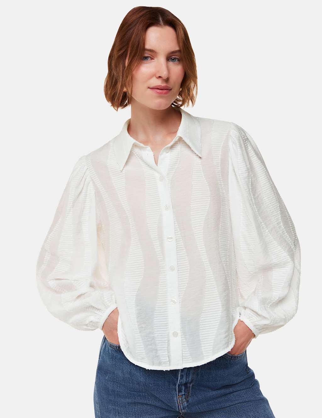 Textured Collared Blouson Sleeve Shirt