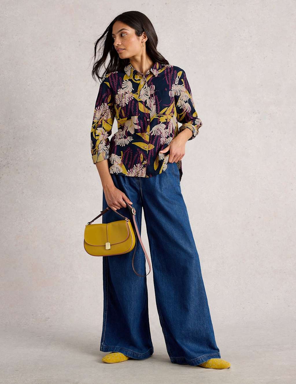 White Stuff Pure Cotton Embroidered Collared Shirt Navy Mix