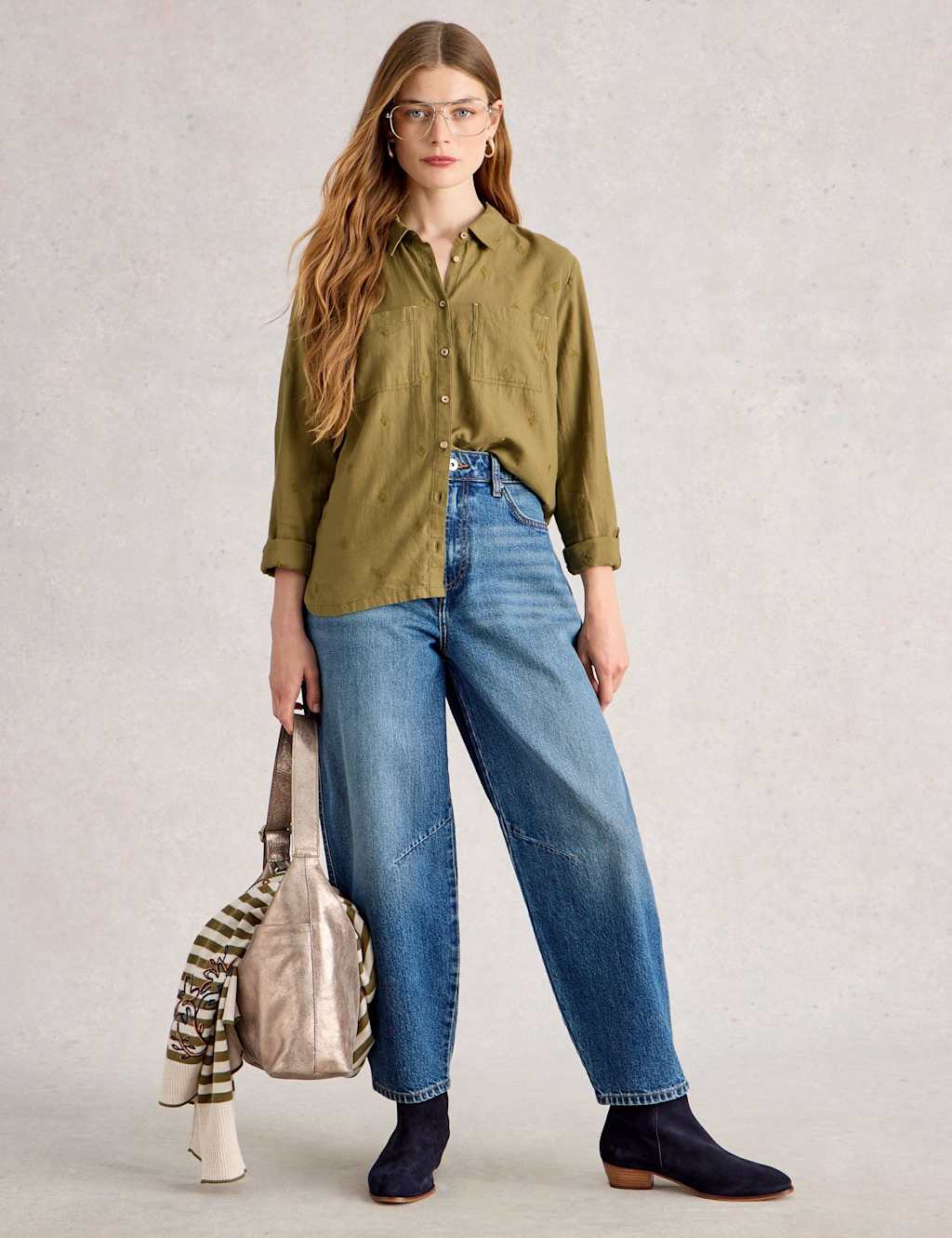 White Stuff Pure Cotton Embroidered Collared Shirt Green