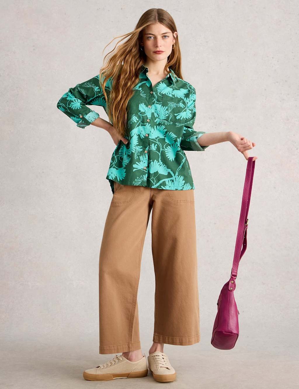 White Stuff Pure Cotton Embroidered Collared Shirt Green Mix