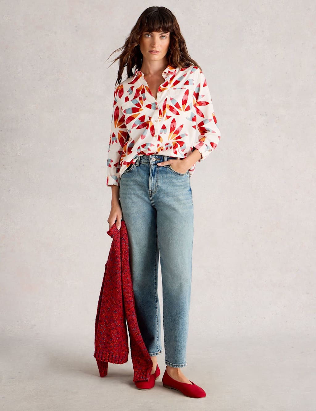 White Stuff Pure Cotton Embroidered Collared Shirt Ivory Mix