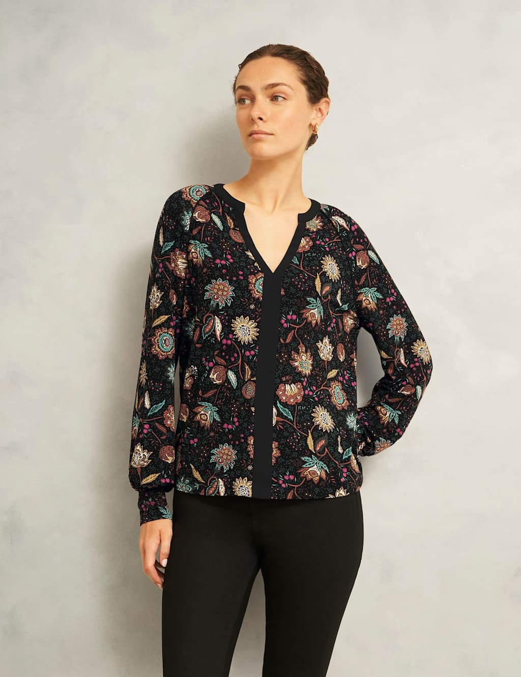 HOBBS Floral Notch Neck Blouse Black Mix