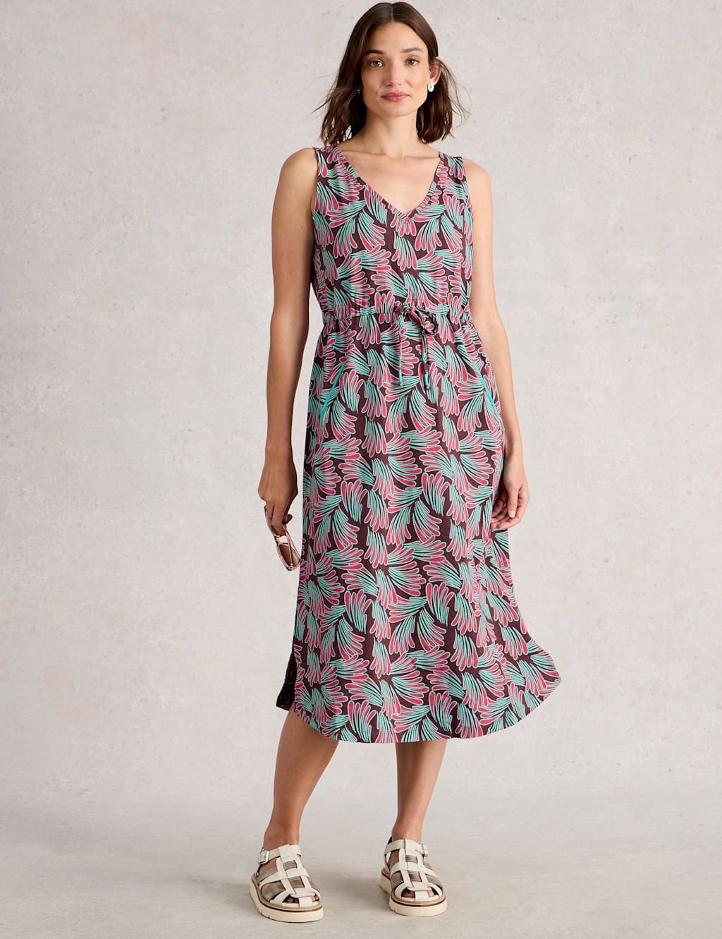 White Stuff Women's Pure Cotton Printed V-Neck Midi Waisted Dress - L - Pink Mix, Pink Mix