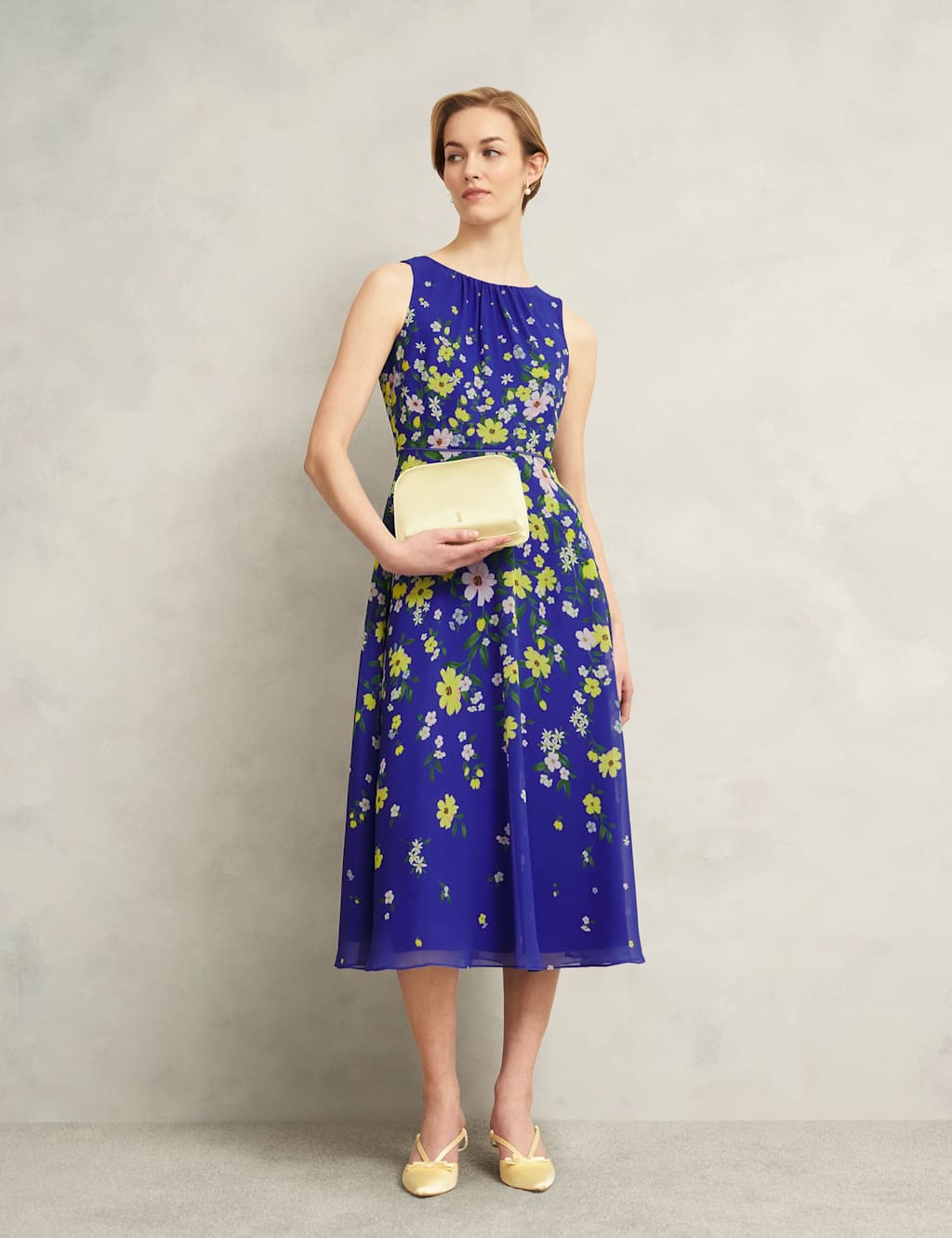 HOBBS Sheer Floral Midi Skater Dress Blue Mix