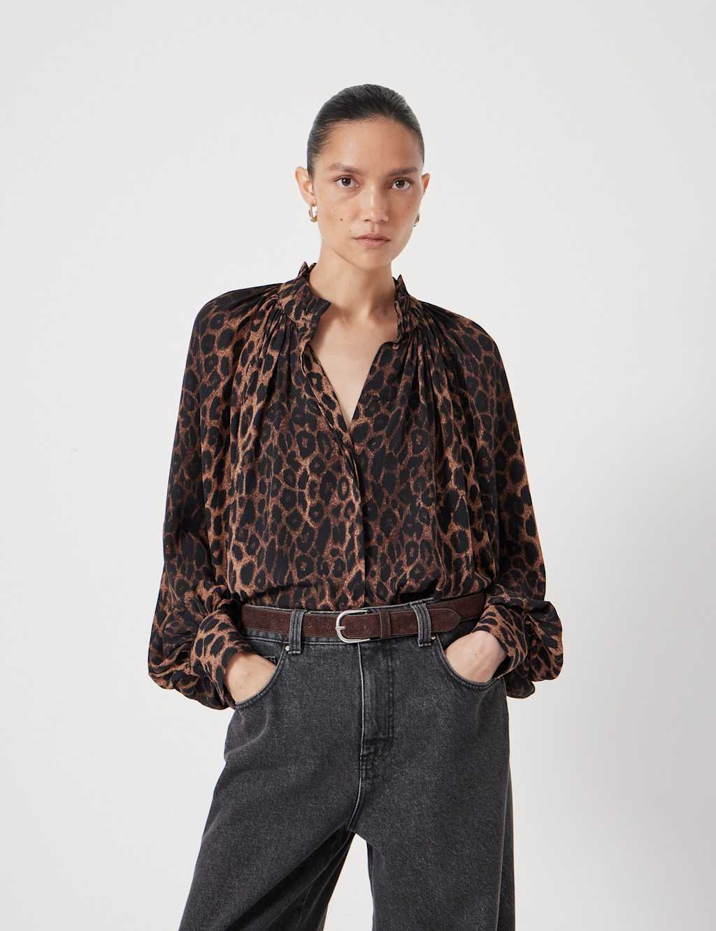 HUSH High Neck Blouson Sleeve Blouse Brown Mix