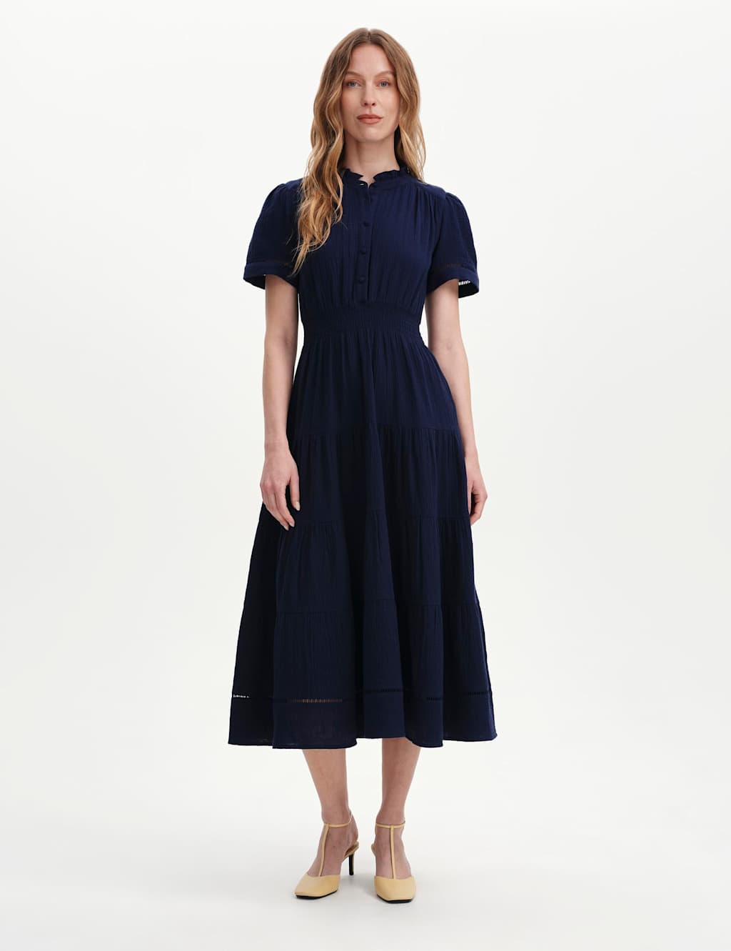 Finery London Women's Pure Cotton Textured High Neck Midi Dress - 20 - Navy - Available at M&S