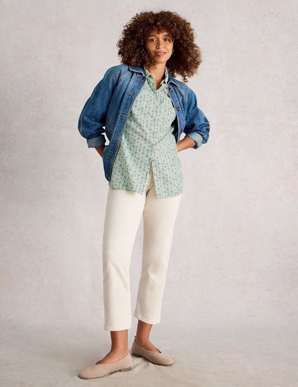 White Stuff Pure Cotton Printed Collared Longline Shirt Green Mix