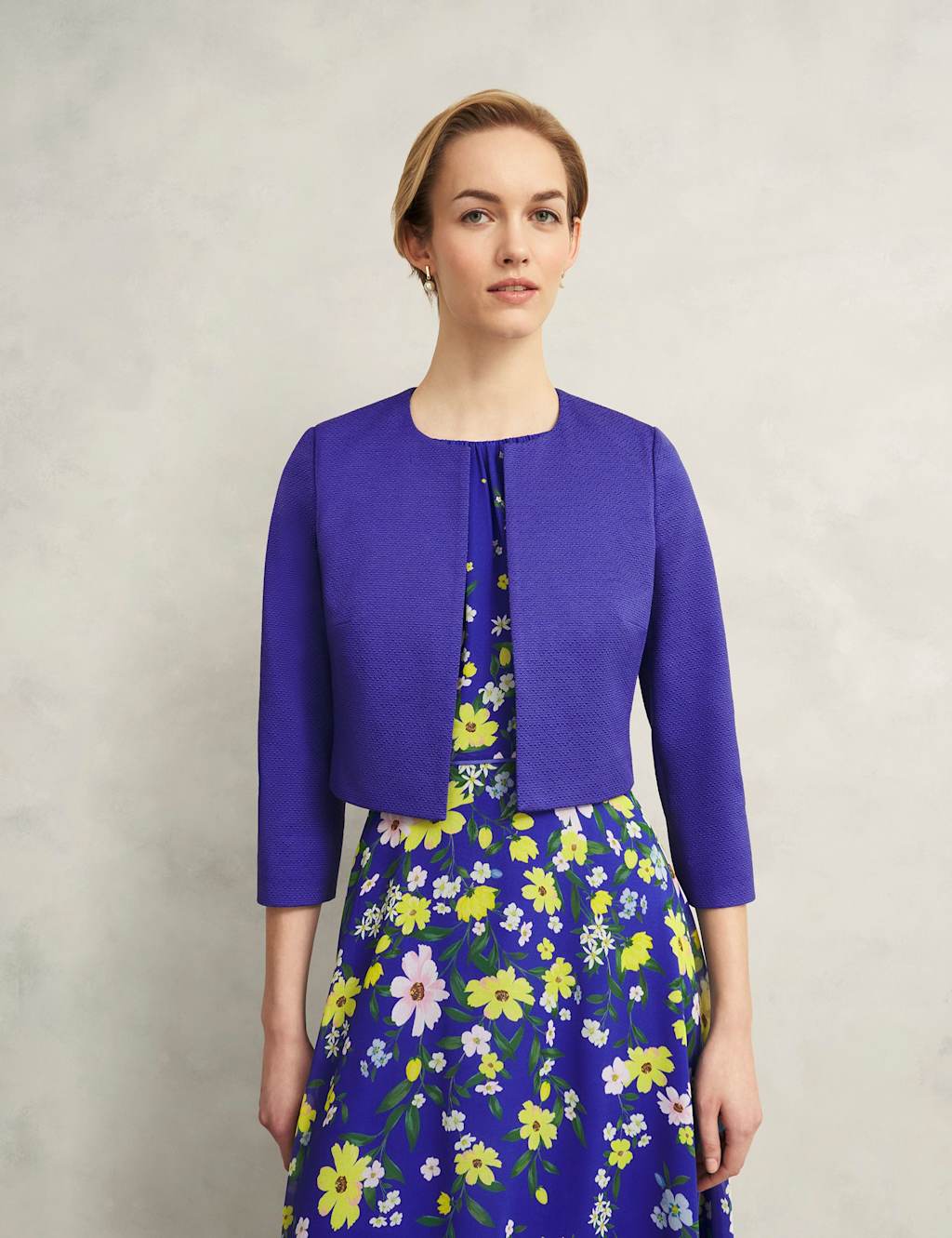 HOBBS Cotton Blend Textured Cropped Jacket Blue