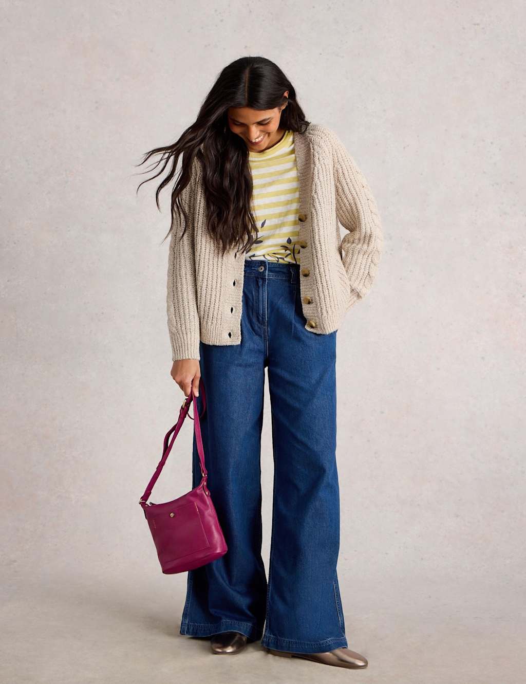 White Stuff Ribbed Cable Knit Cardigan Natural Mix