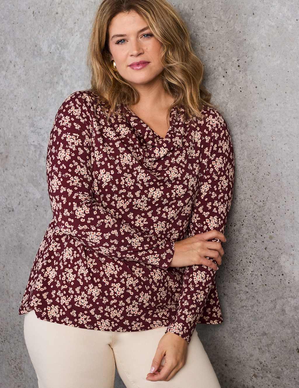 Live Unlimited London Women's Ditsy Floral Draped Cowl Neck Top - 22 - Red - Available at M&S