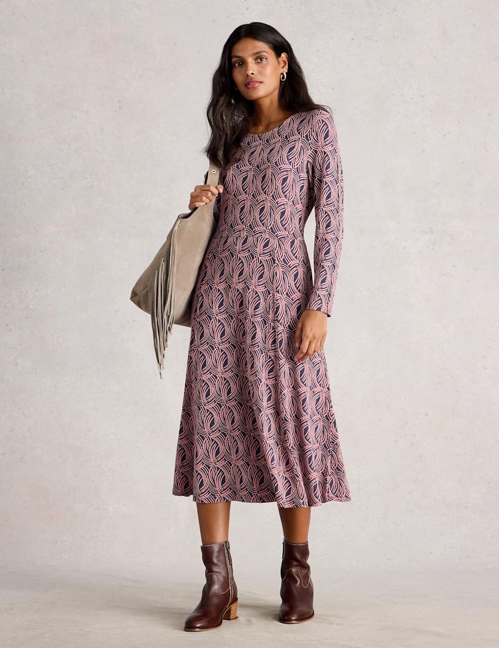 White Stuff Jersey Printed Midi Waisted Dress Pink Mix