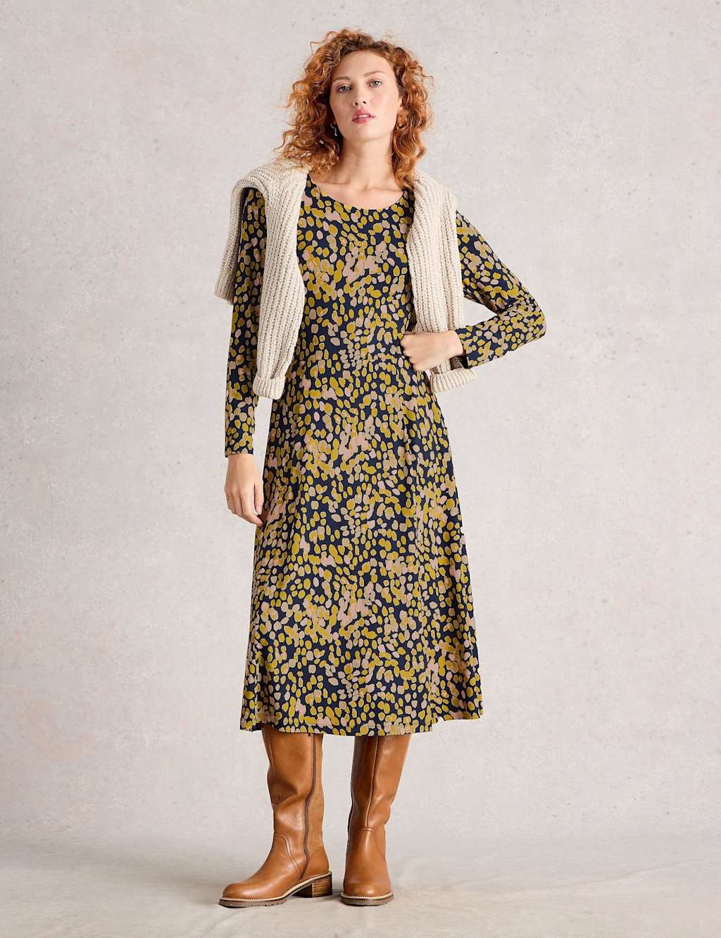 White Stuff Jersey Printed Midi Waisted Dress Yellow Mix