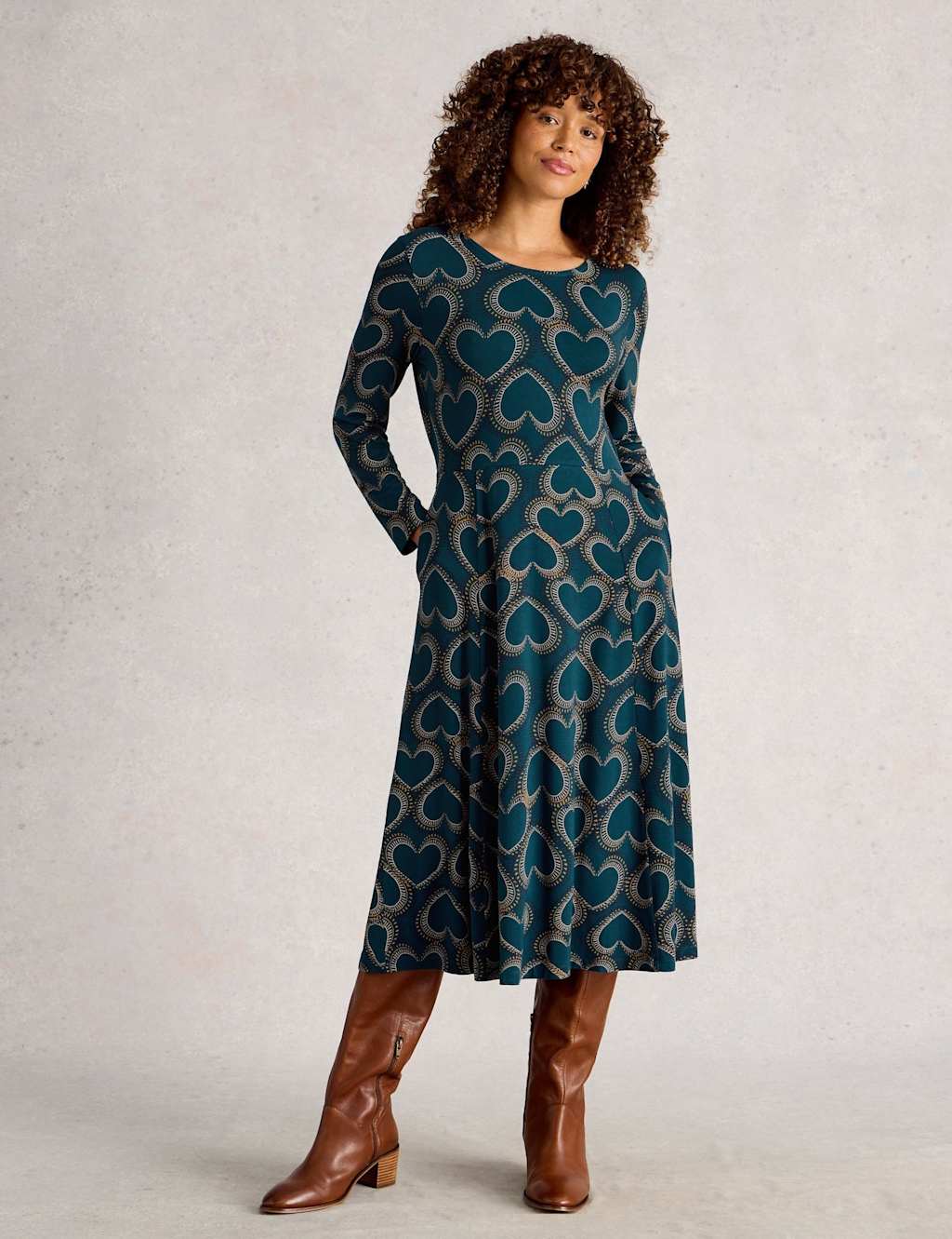 White Stuff Jersey Printed Midi Waisted Dress Teal Mix