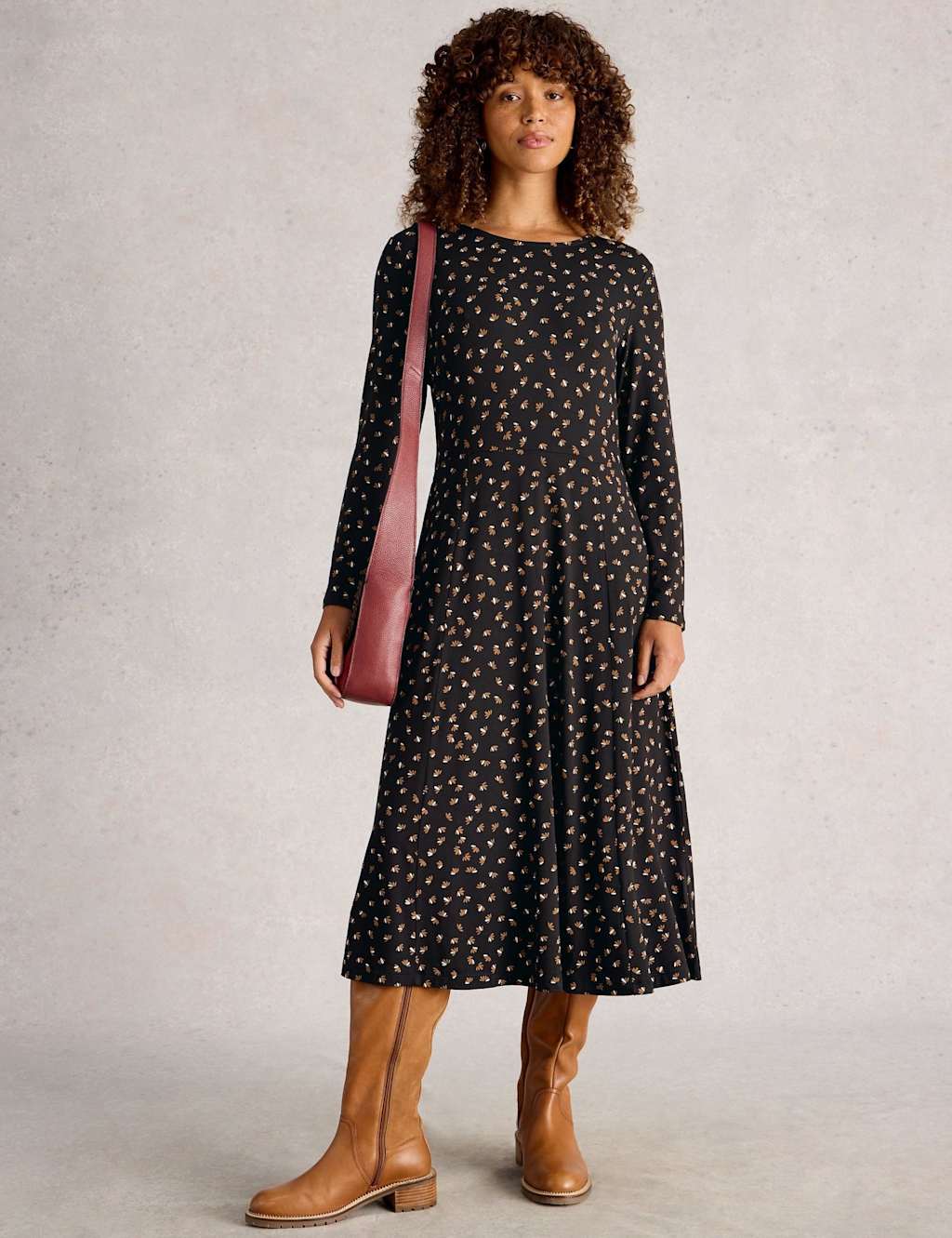 White Stuff Jersey Printed Midi Waisted Dress Black Mix