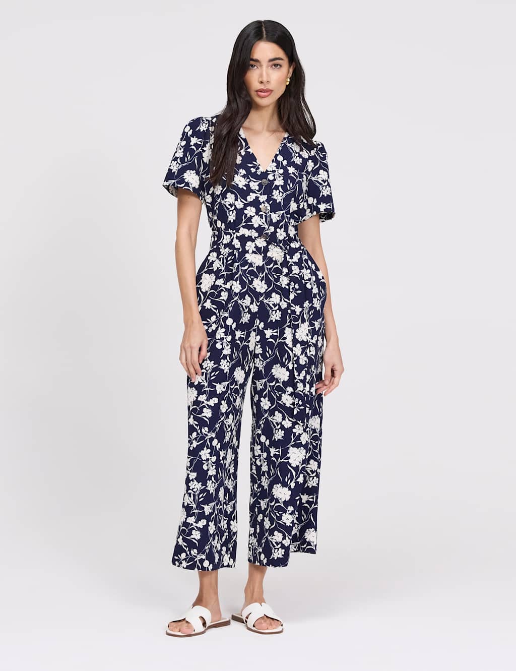 Finery London Women's Floral Cropped Wide Leg Jumpsuit - 24 - Navy Mix - Available at M&S