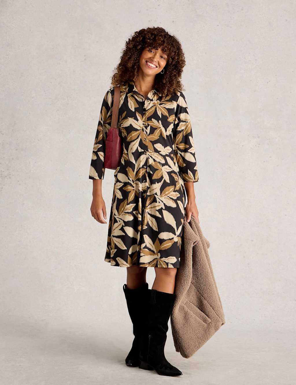 White Stuff Jersey Printed Knee Length Shirt Dress Black Mix