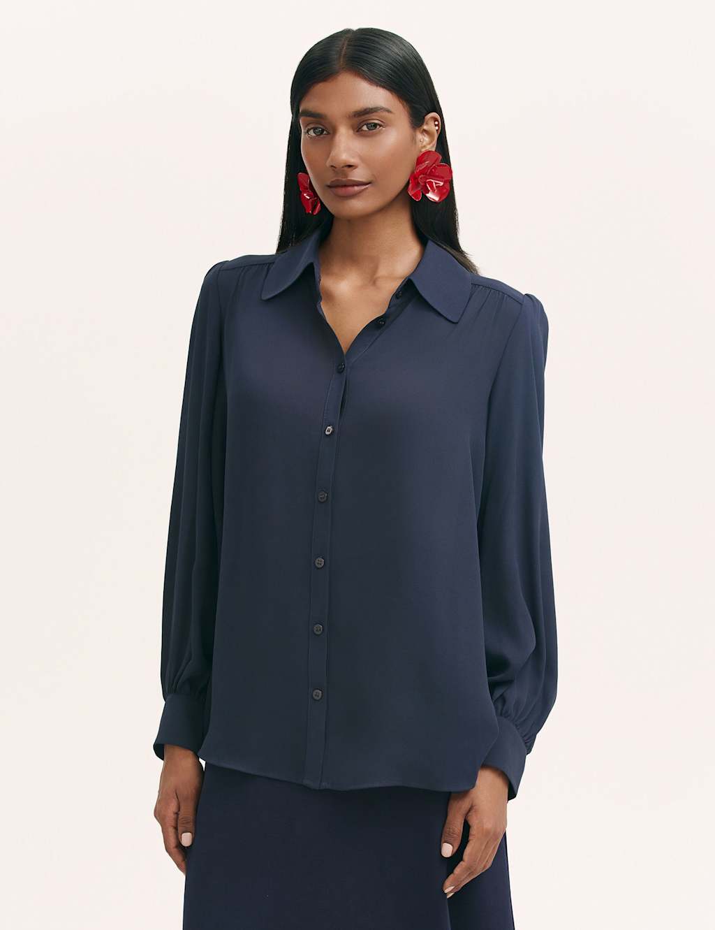 Finery London Collared Blouson Sleeve Shirt Navy