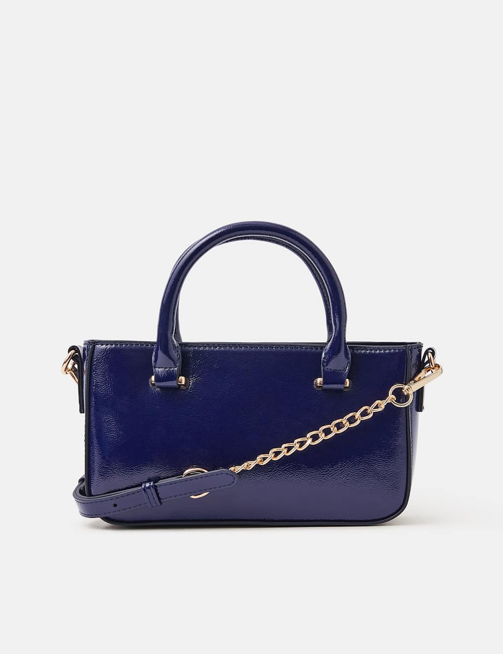 ACCESSORIZE Patent Finish Chain Strap Top Handle Cross Body Bag Navy